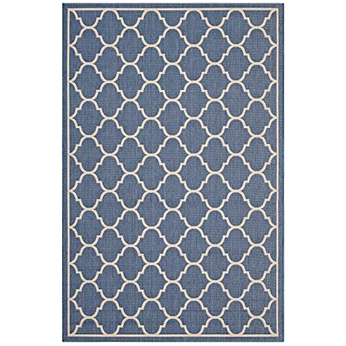 Modway Avena Moroccan Quatrefoil Trellis 9x12 Indoor and Outdoor Area Rug in Blue and Beige