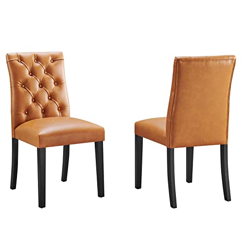 Modway Duchess Modern Tufted Button Faux Leather Upholstered Parsons Two Dining Chairs in Tan