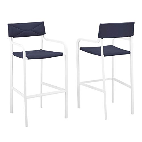 Modway Raleigh Aluminum Outdoor Bar Stool in White and Navy (Set of 2)