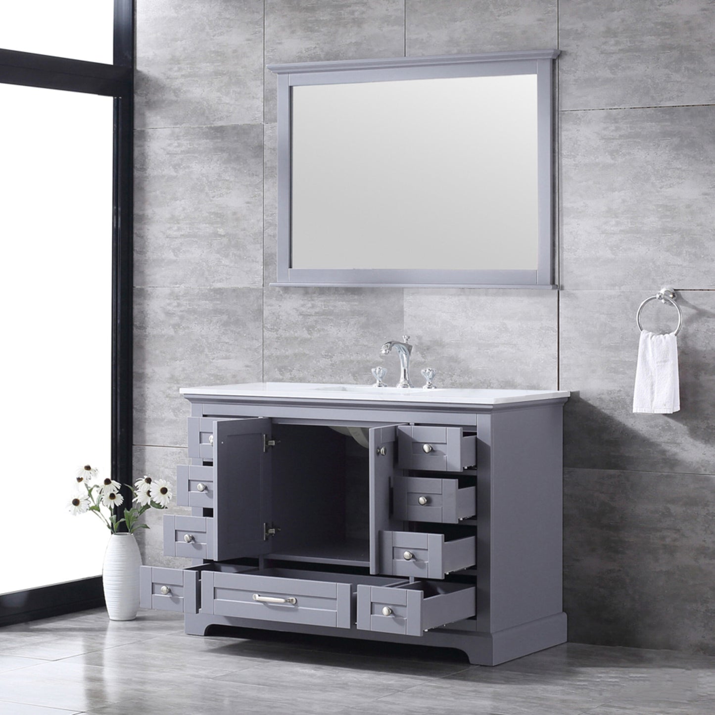 Dukes 48" Dark Grey Single Vanity, White Quartz Top, White Square Sink and 46" Mirror