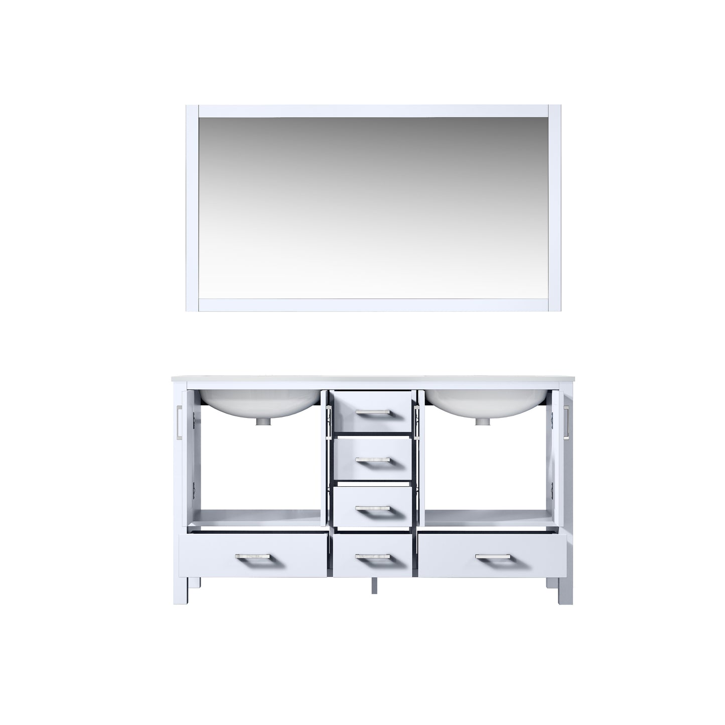 Jacques 60" White Double Vanity, White Quartz Top, White Square Sinks and 58" Mirror