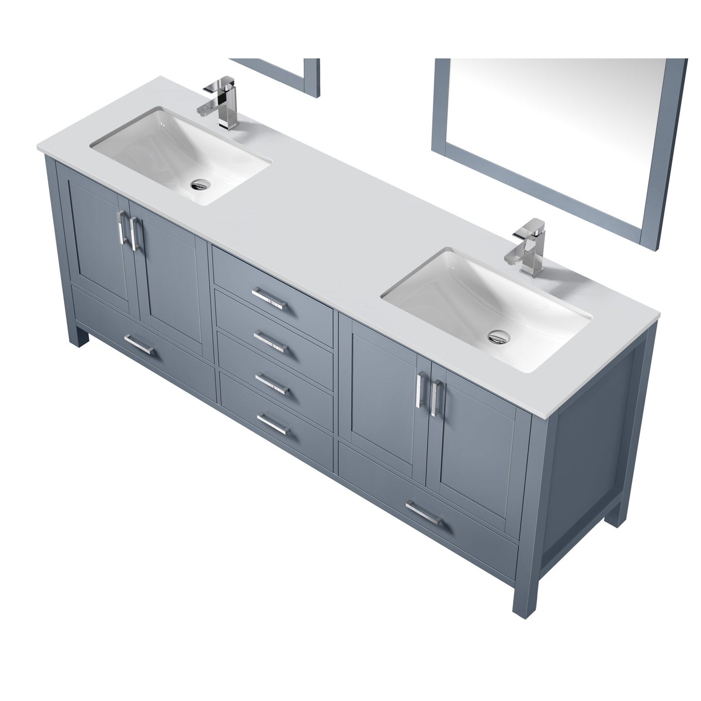 Jacques 80" Dark Grey Double Vanity, White Quartz Top, White Square Sinks and 30" Mirrors w/ Faucets