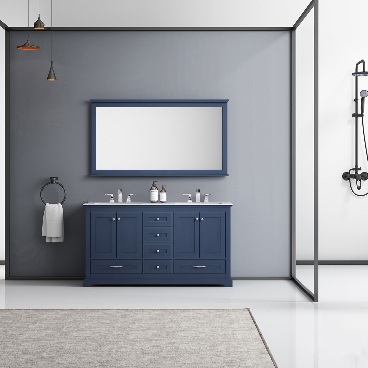 Dukes 60" Navy Blue Double Vanity, White Carrara Marble Top, White Square Sinks and 58" Mirror w/ Faucets