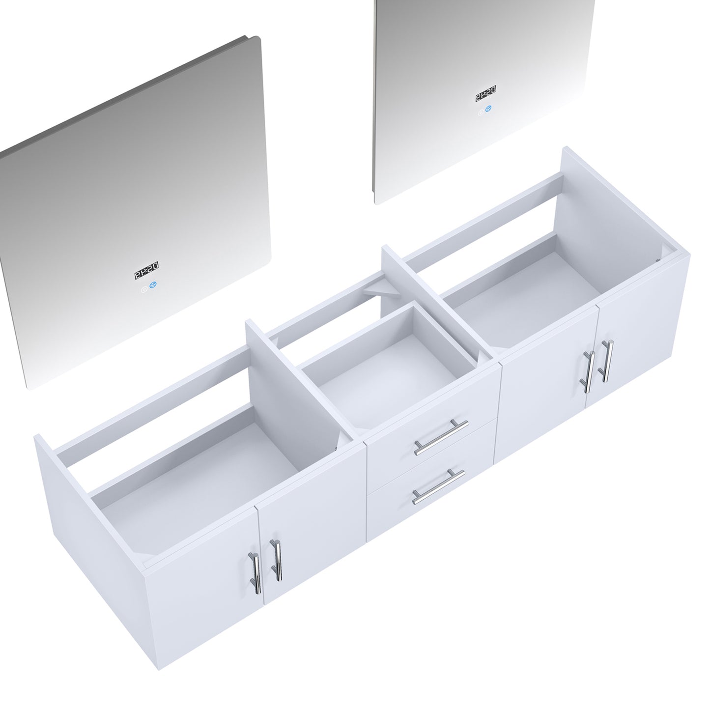 Geneva 72" Glossy White Double Vanity, no Top and 30" LED Mirrors