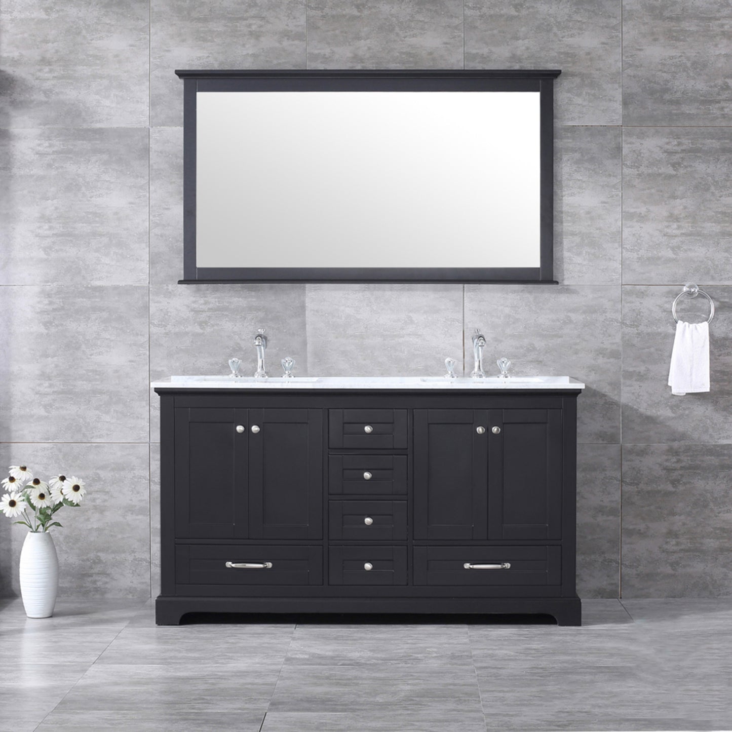 Dukes 60" Espresso Double Vanity, White Carrara Marble Top, White Square Sinks and 58" Mirror w/ Faucets