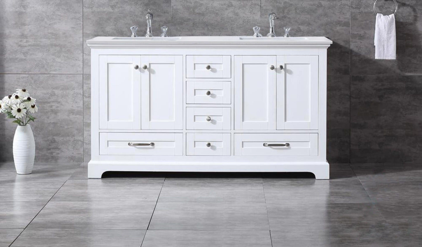 Dukes 60" White Double Vanity, White Quartz Top, White Square Sinks and no Mirror