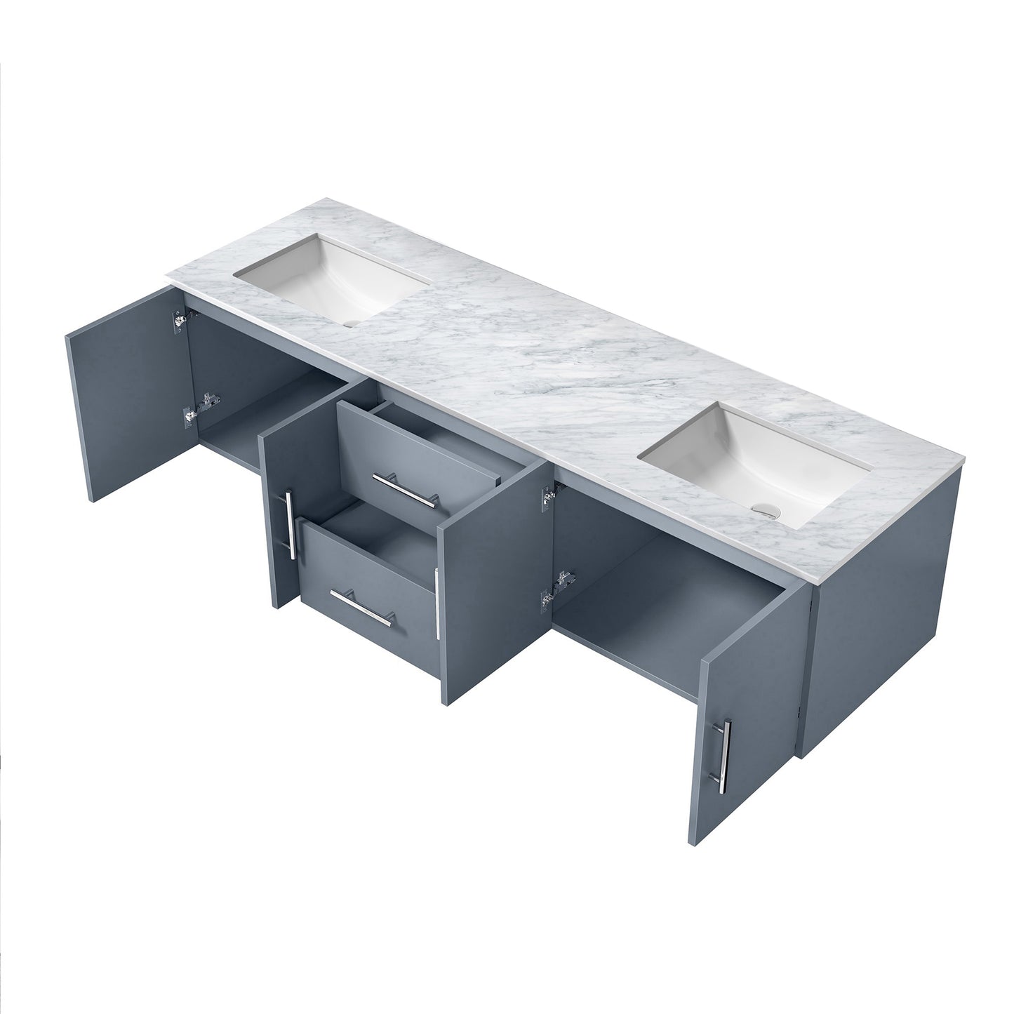 Geneva 72" Dark Grey Double Vanity, White Carrara Marble Top, White Square Sinks and no Mirror