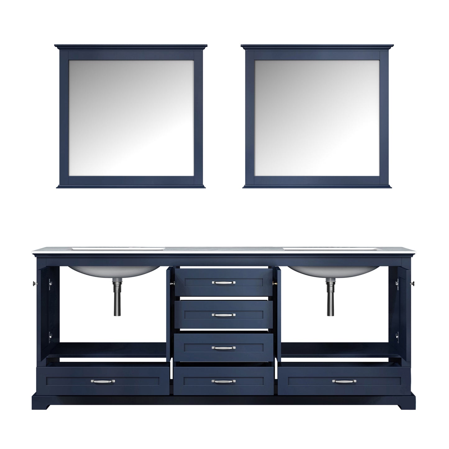 Dukes 80" Navy Blue Double Vanity, White Carrara Marble Top, White Square Sinks and 30" Mirrors