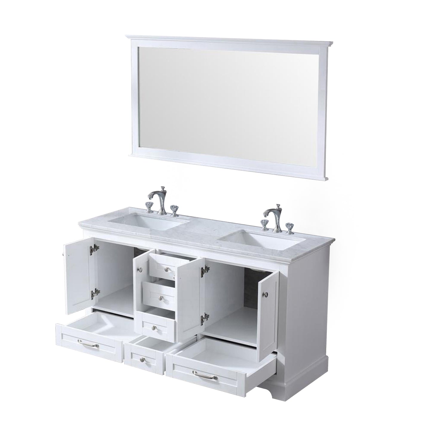 Dukes 60" White Double Vanity, White Carrara Marble Top, White Square Sinks and 58" Mirror w/ Faucets