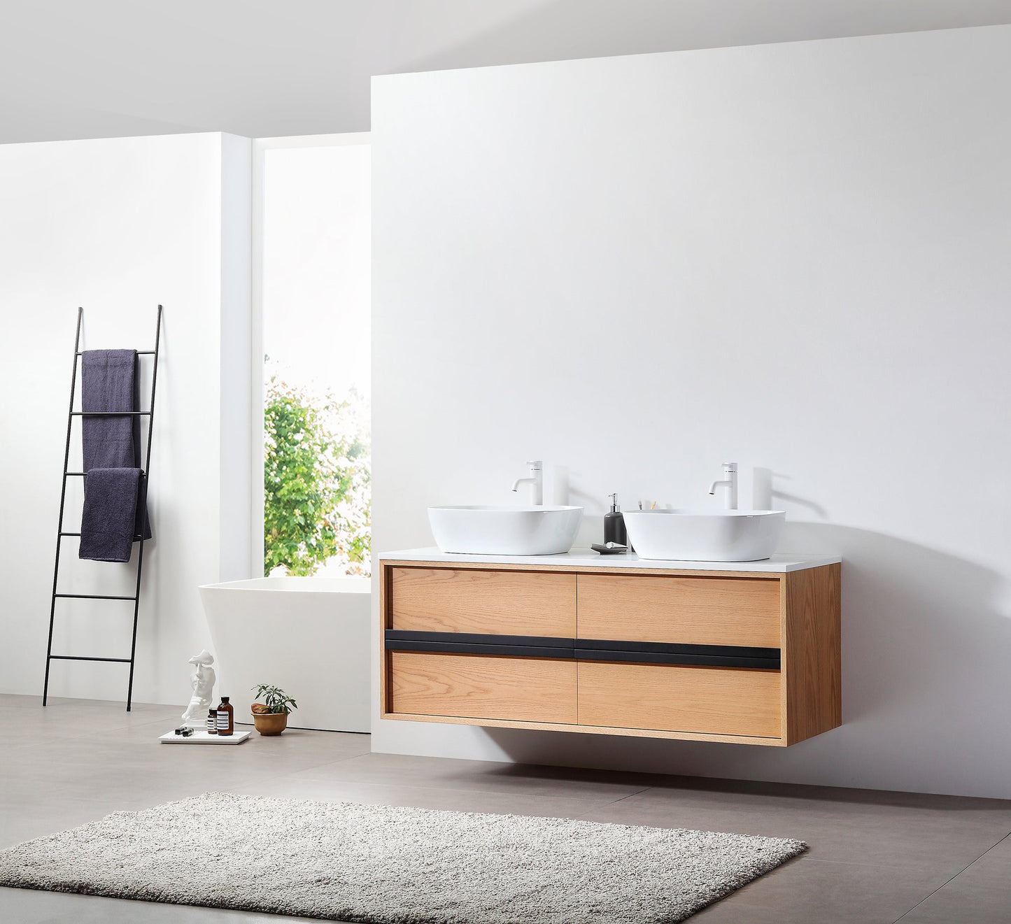 SINTRA 55” WHITEWASH OAK WALL MOUNTED MODERN BATHROOM VANITY