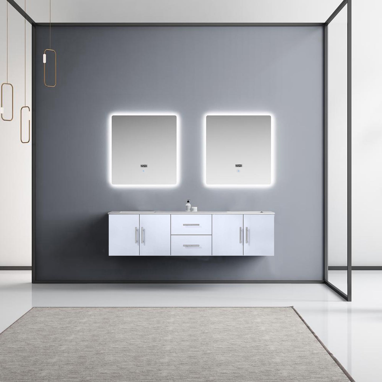 Geneva 72" Glossy White Double Vanity, White Carrara Marble Top, White Square Sinks and 30" LED Mirrors