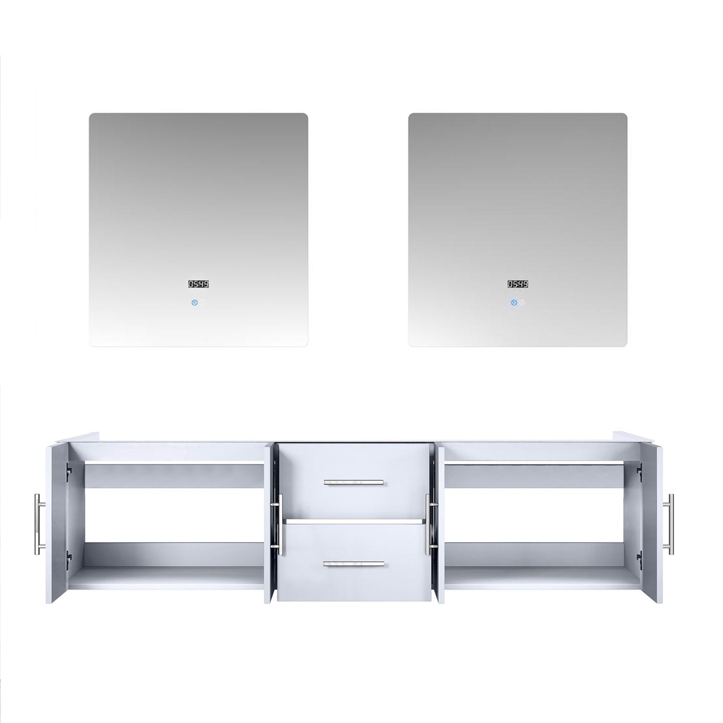 Geneva 72" Glossy White Double Vanity, no Top and 30" LED Mirrors