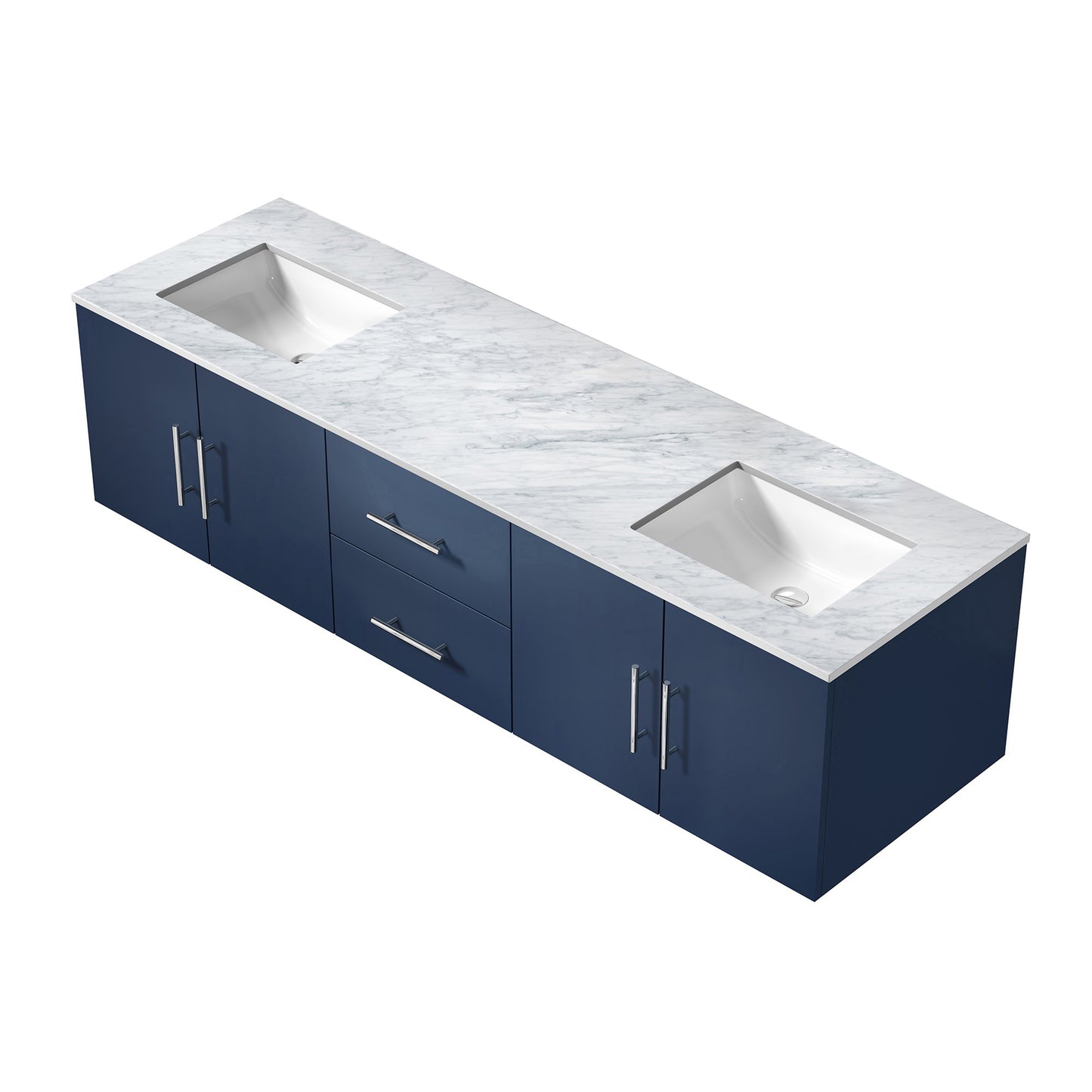 Geneva 72" Navy Blue Double Vanity, White Carrara Marble Top, White Square Sinks and no Mirror