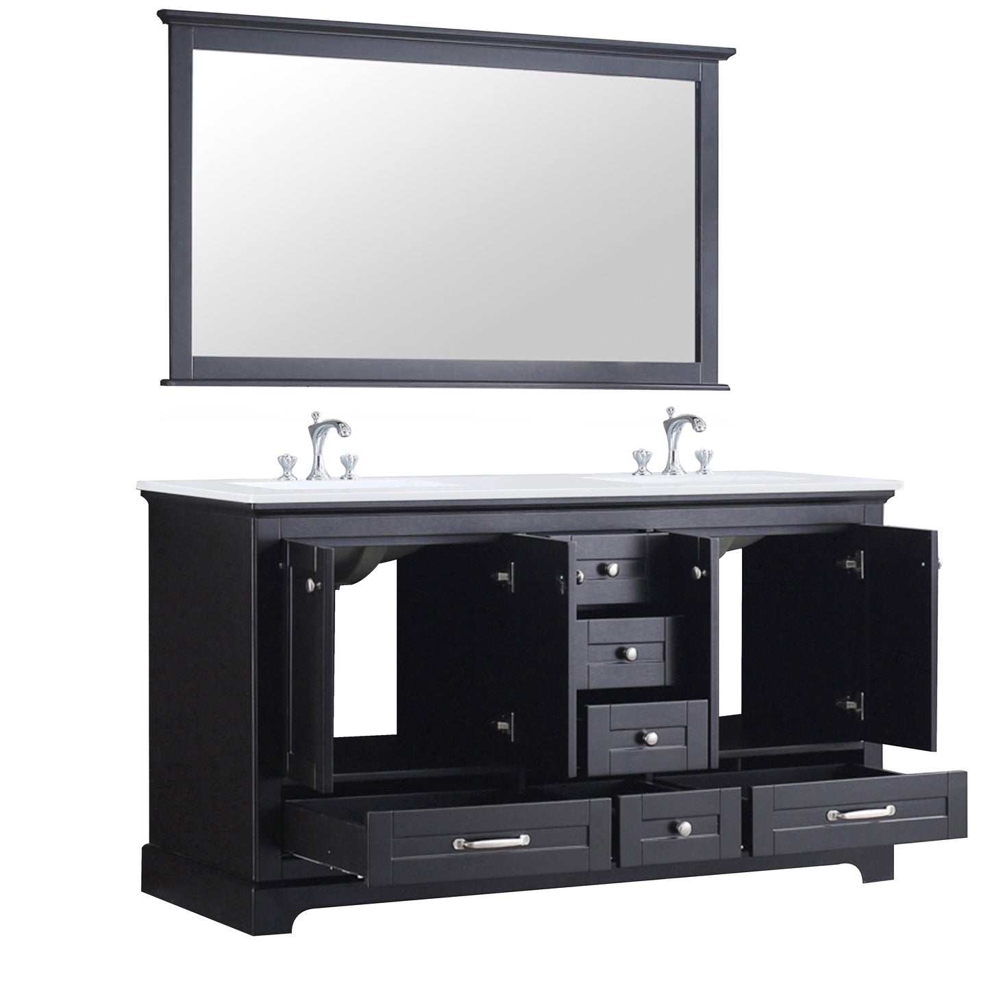 Dukes 60" Espresso Double Vanity, White Quartz Top, White Square Sinks and 58" Mirror