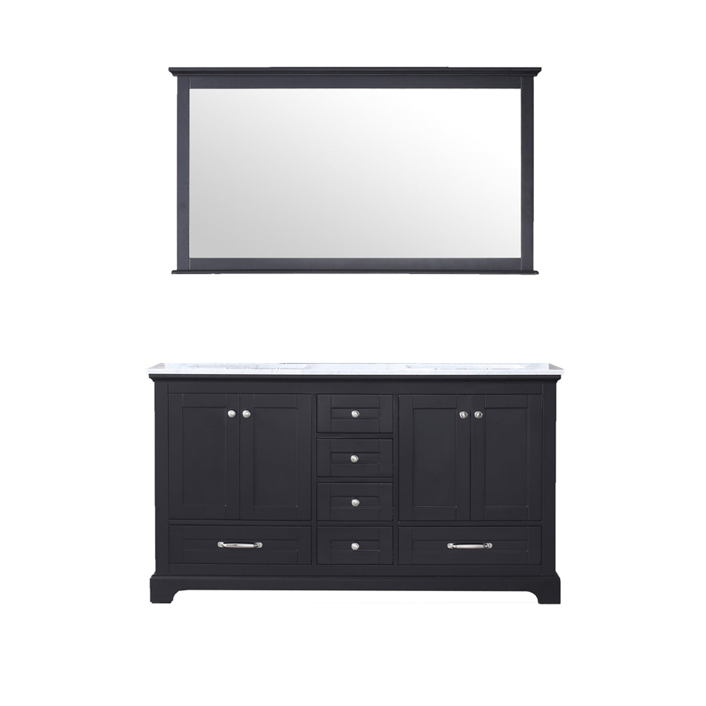 Dukes 60" Espresso Double Vanity, White Carrara Marble Top, White Square Sinks and 58" Mirror