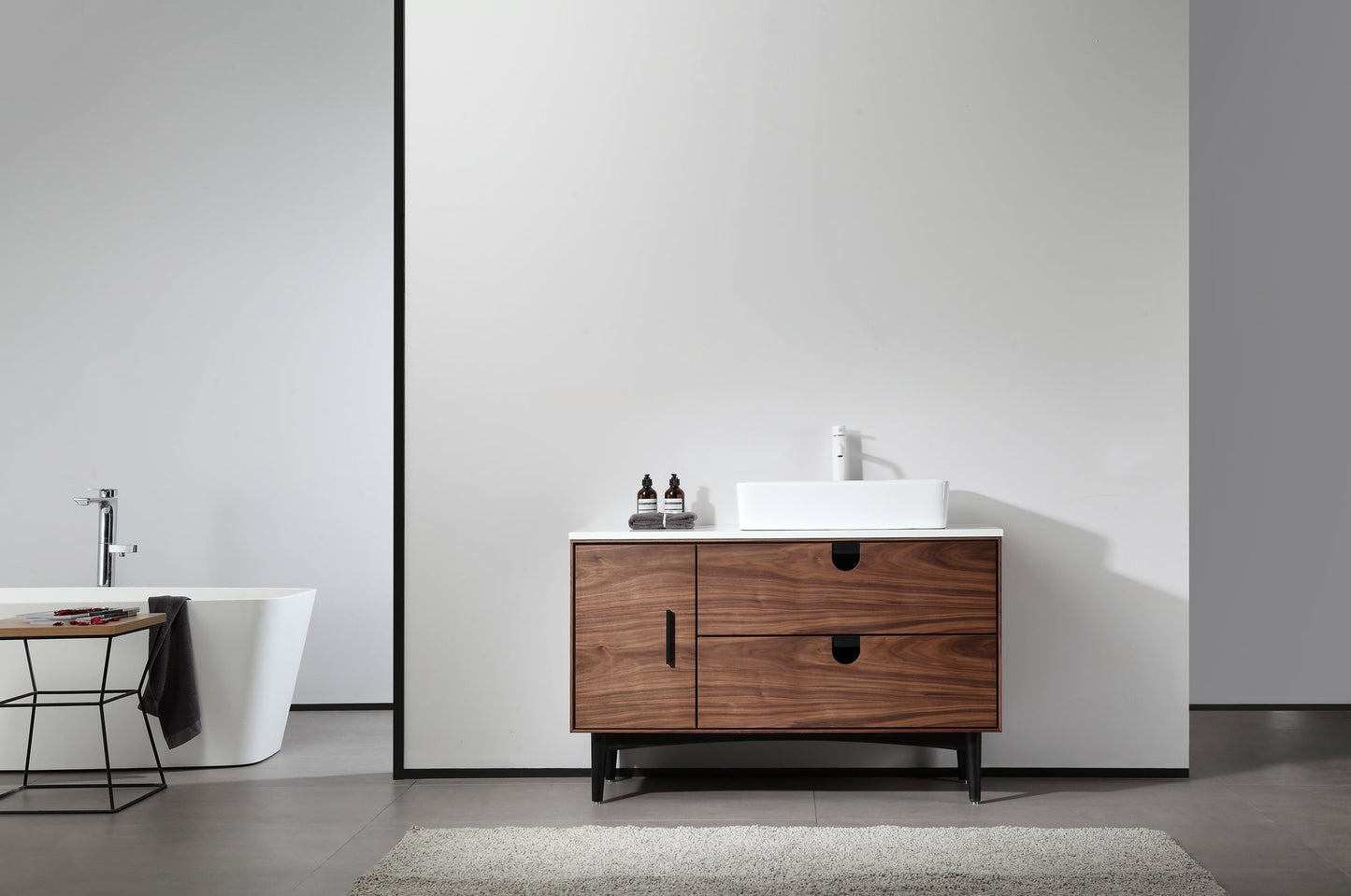 PORTREE 48” WALNUT MID-CENTURY FREESTANDING BATHROOM VANITY