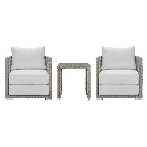 Modway Aura Outdoor Patio Wicker Rattan Side Table and Two Armchairs in Gray White