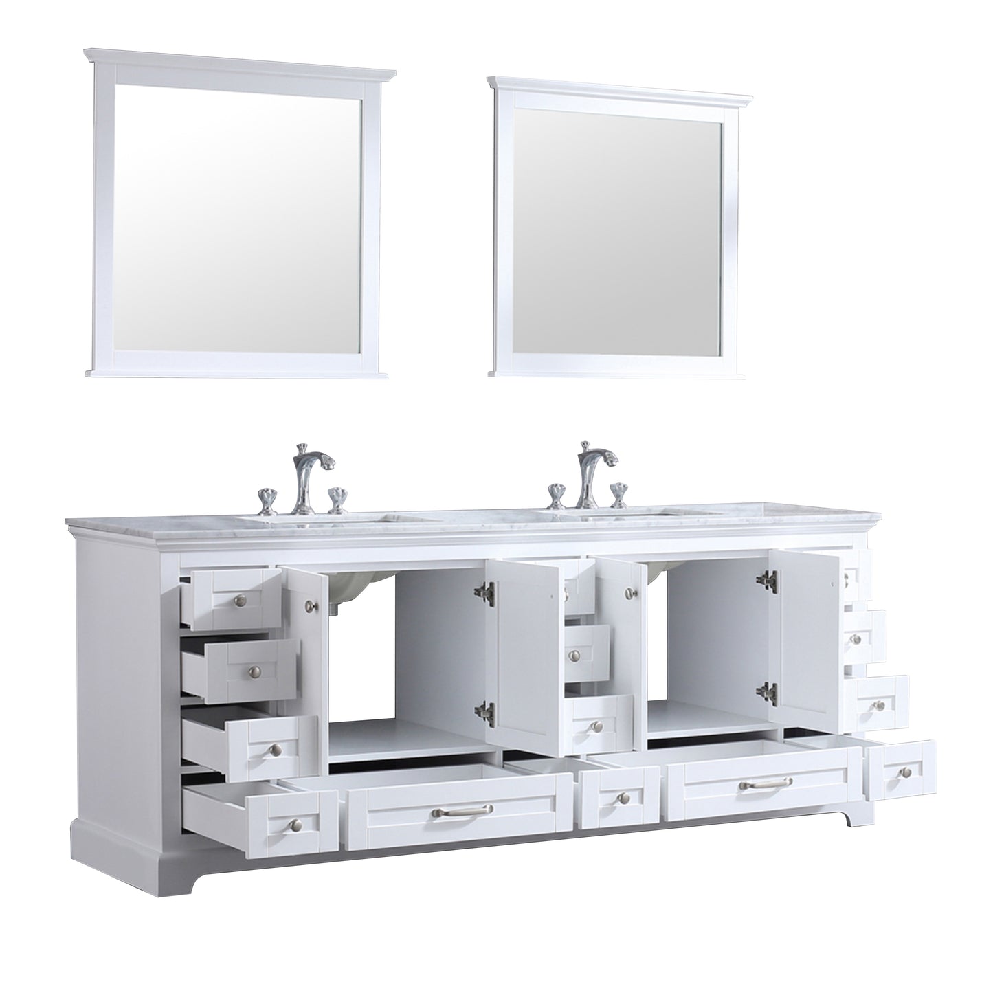 Dukes 84" White Double Vanity, White Carrara Marble Top, White Square Sinks and 34" Mirrors w/ Faucets