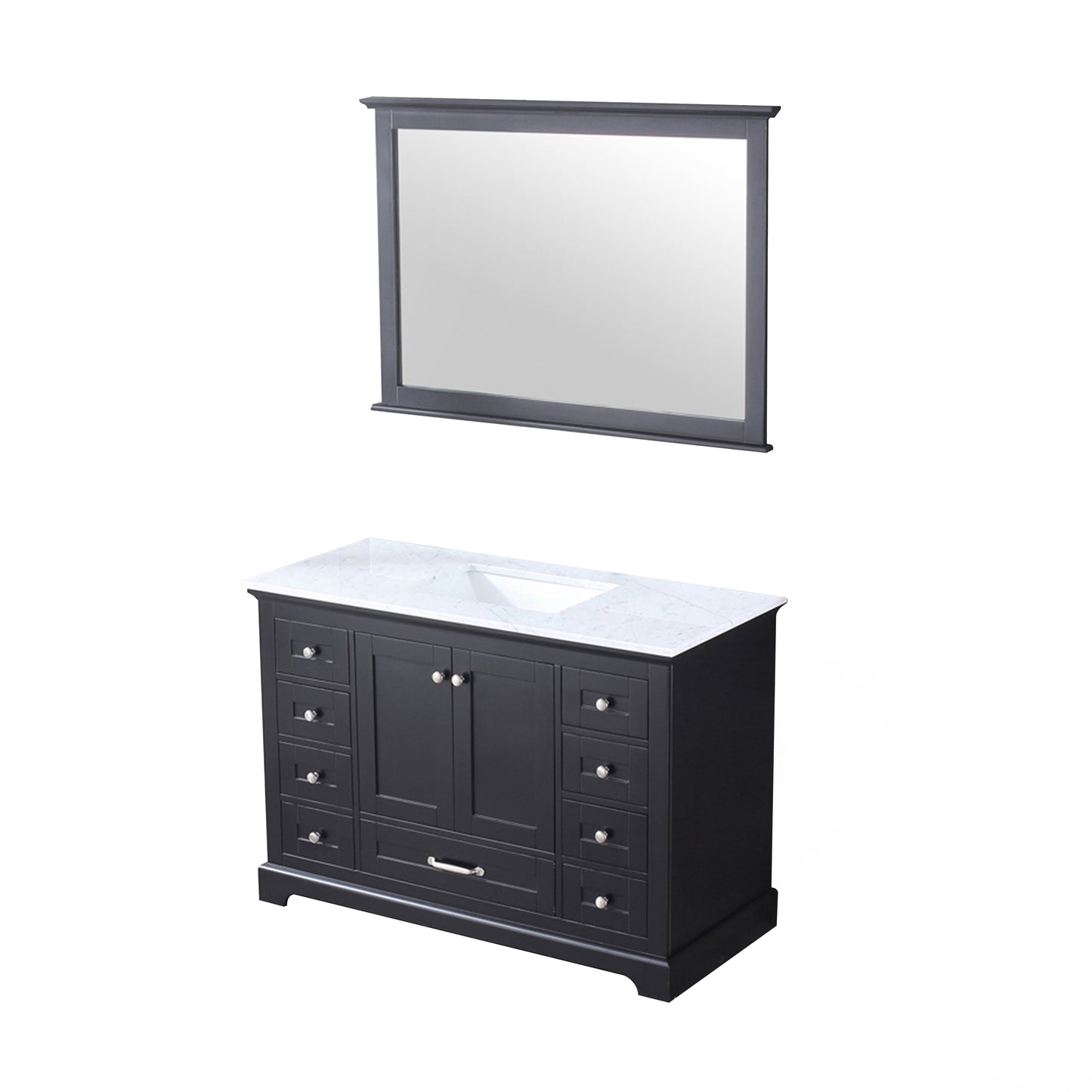 Dukes 48" Espresso Single Vanity, White Carrara Marble Top, White Square Sink and 46" Mirror