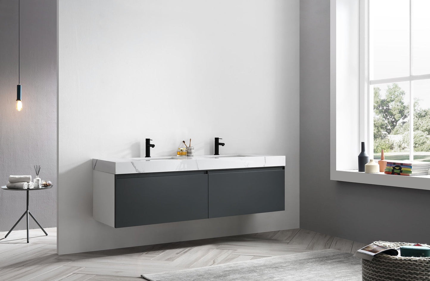 MANAROLA 72” DARK GRAY WITH THICK QUARTZ WALL MOUNT MODERN BATHROOM VANITY