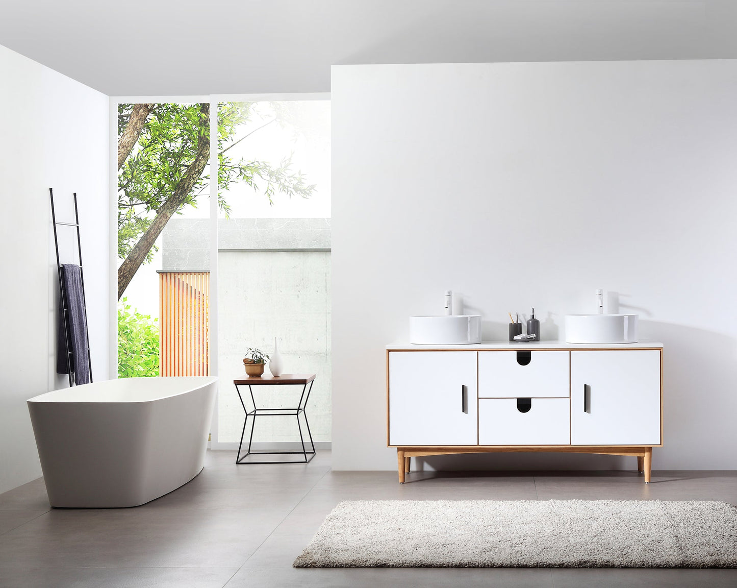 PORTREE 60” MATTE WHITE MID-CENTURY FREESTANDING BATHROOM VANITY