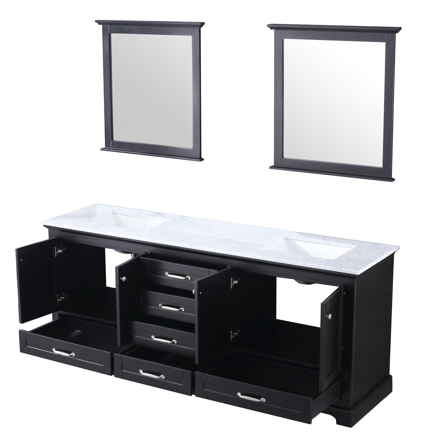 Dukes 80" Espresso Double Vanity, White Carrara Marble Top, White Square Sinks and 30" Mirrors