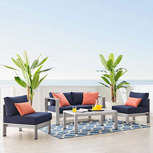 Modway EEI-4315-SLV-NAV-SET Patio Aluminum 4 Piece Set in Silver Navy