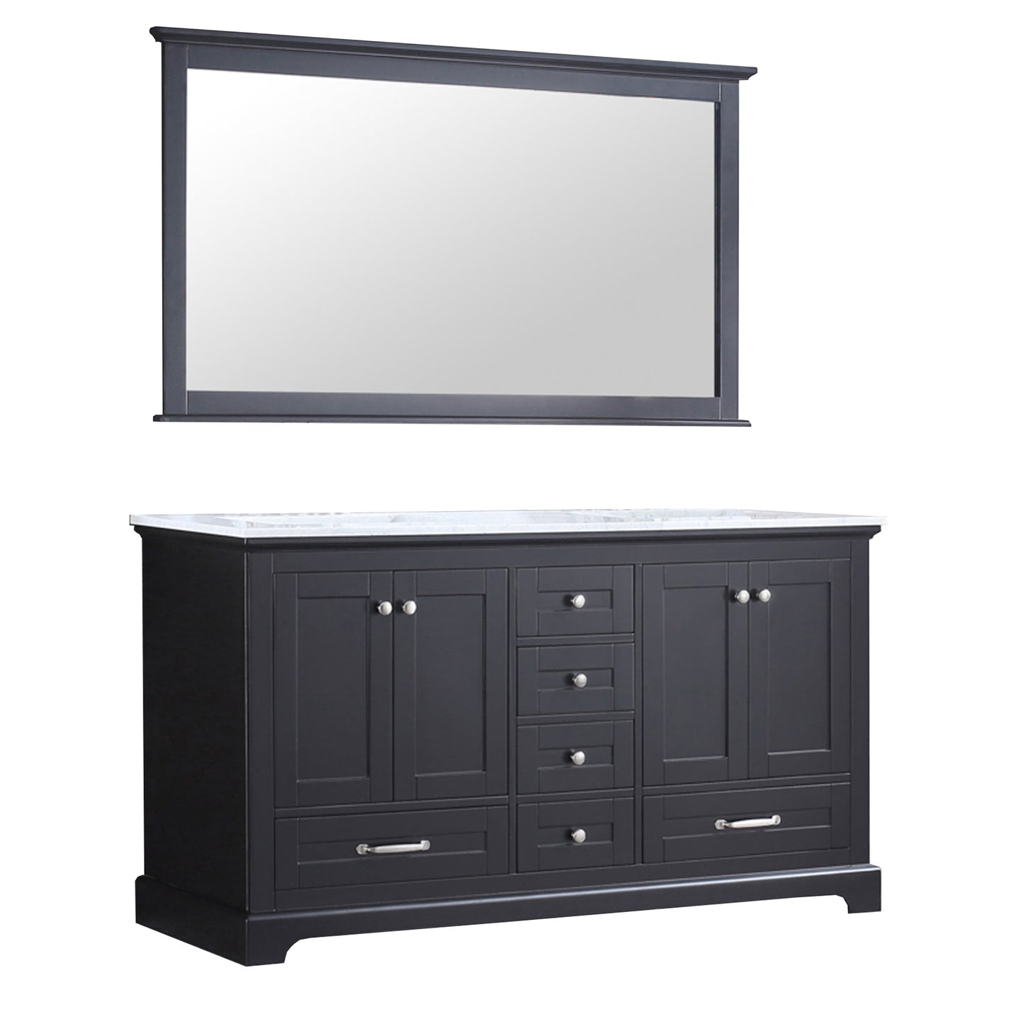 Dukes 60" Espresso Double Vanity, White Carrara Marble Top, White Square Sinks and 58" Mirror