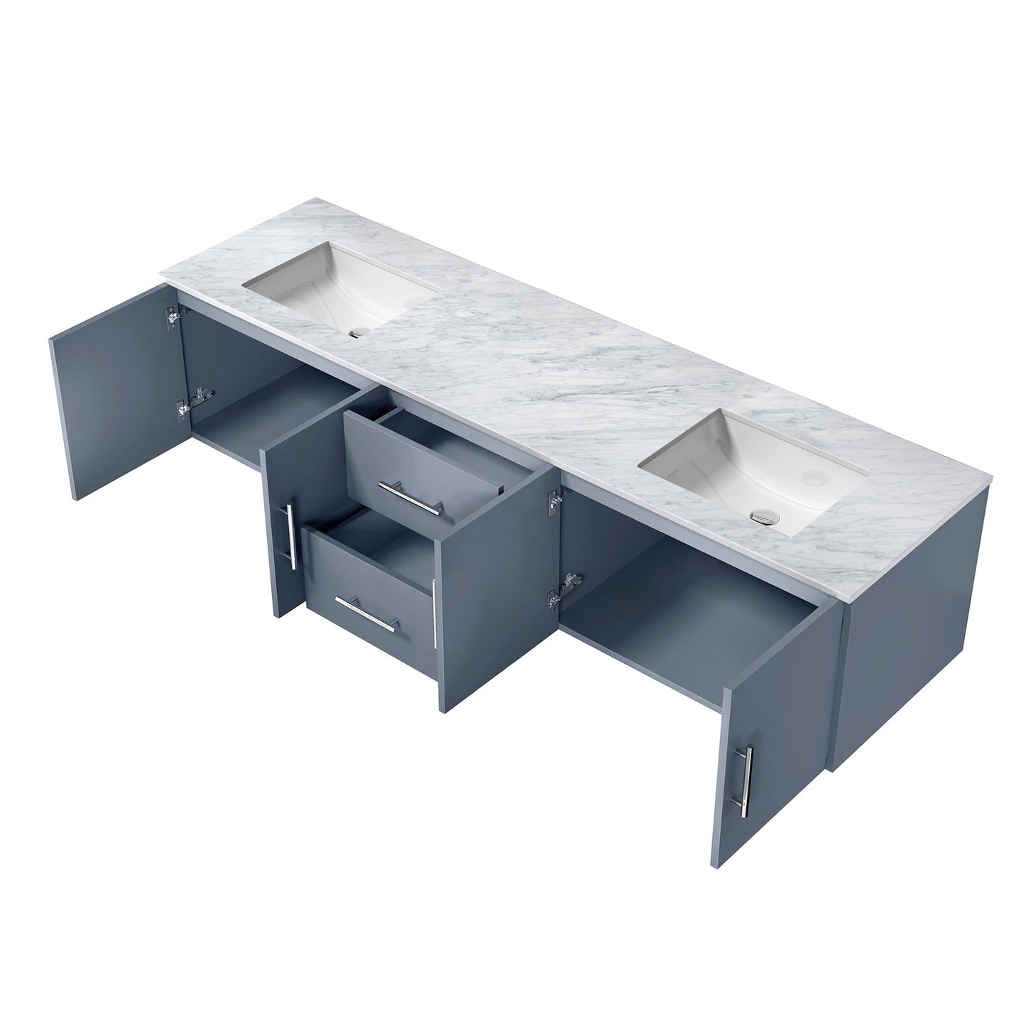 Geneva 80" Dark Grey Double Vanity, White Carrara Marble Top, White Square Sinks and no Mirror