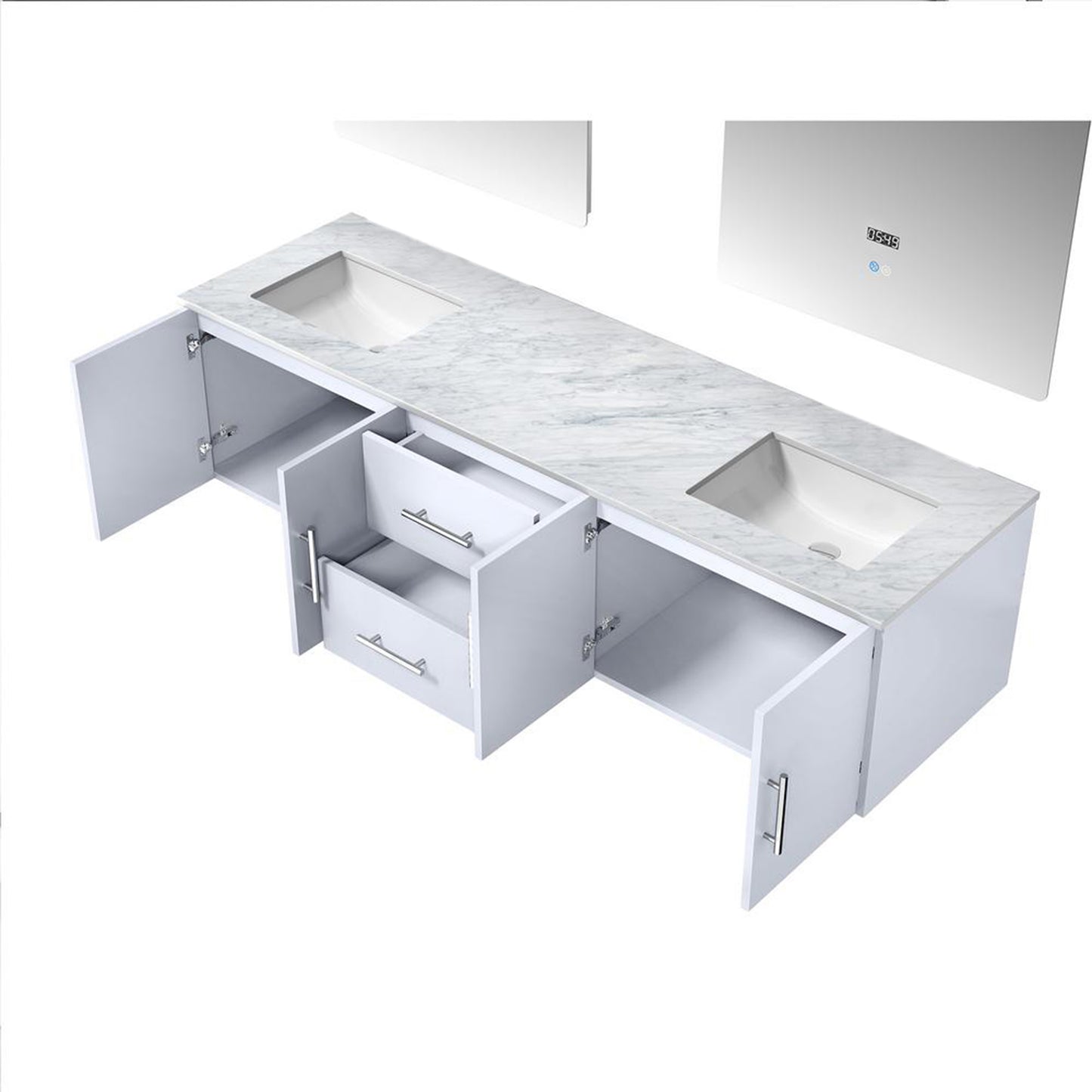 Geneva 72" Glossy White Double Vanity, White Carrara Marble Top, White Square Sinks and 30" LED Mirrors