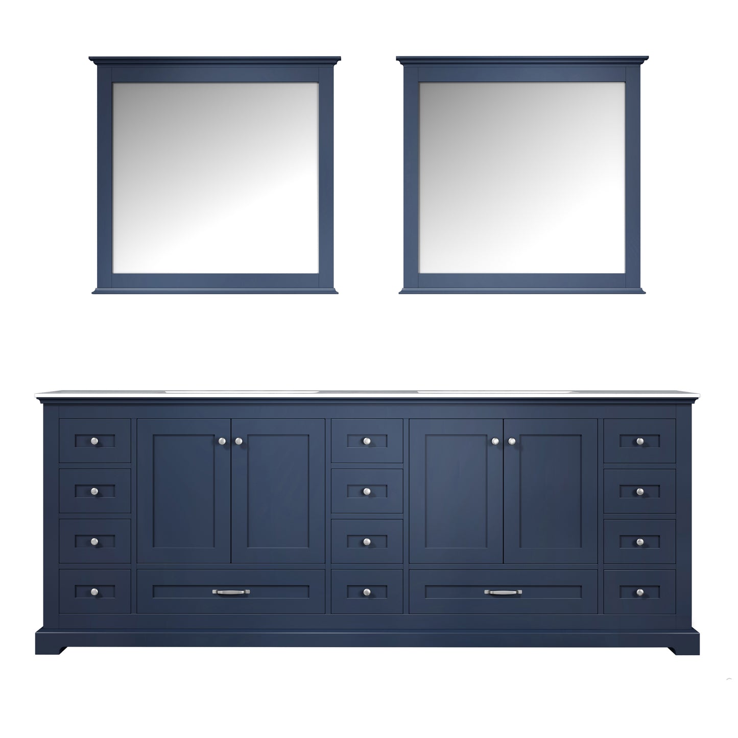 Dukes 84" Navy Blue Double Vanity, White Carrara Marble Top, White Square Sinks and 34" Mirrors