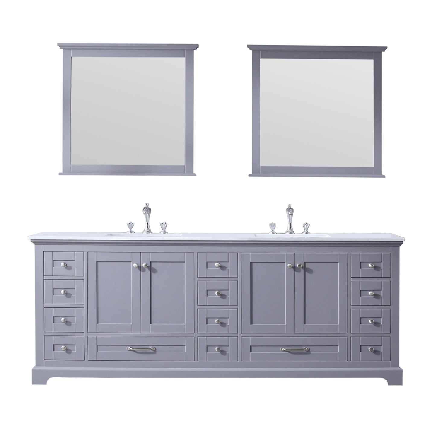 Dukes 84" Dark Grey Double Vanity, White Quartz Top, White Square Sinks and 34" Mirrors w/ Faucets