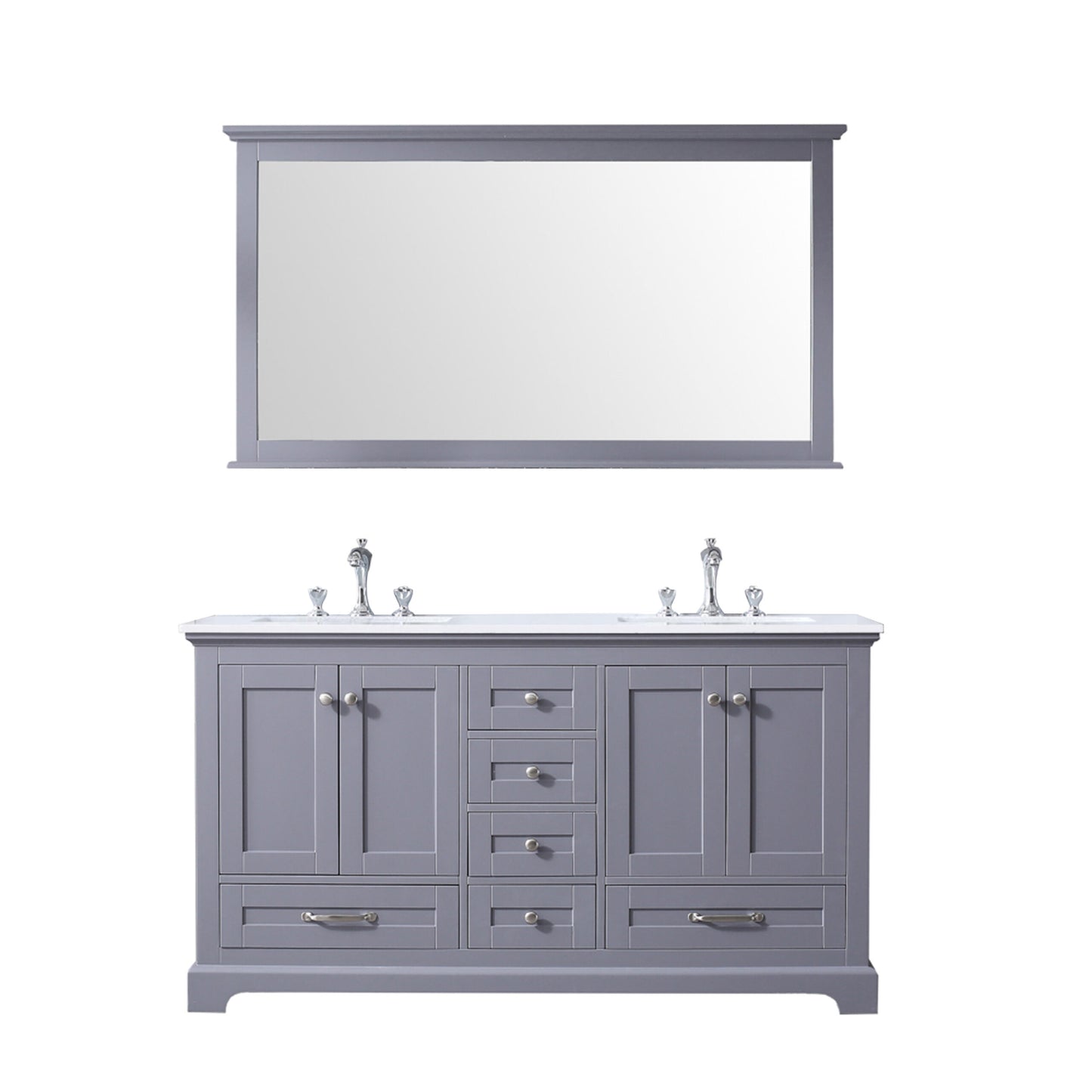 Dukes 60" Dark Grey Double Vanity, White Quartz Top, White Square Sinks and 58" Mirror