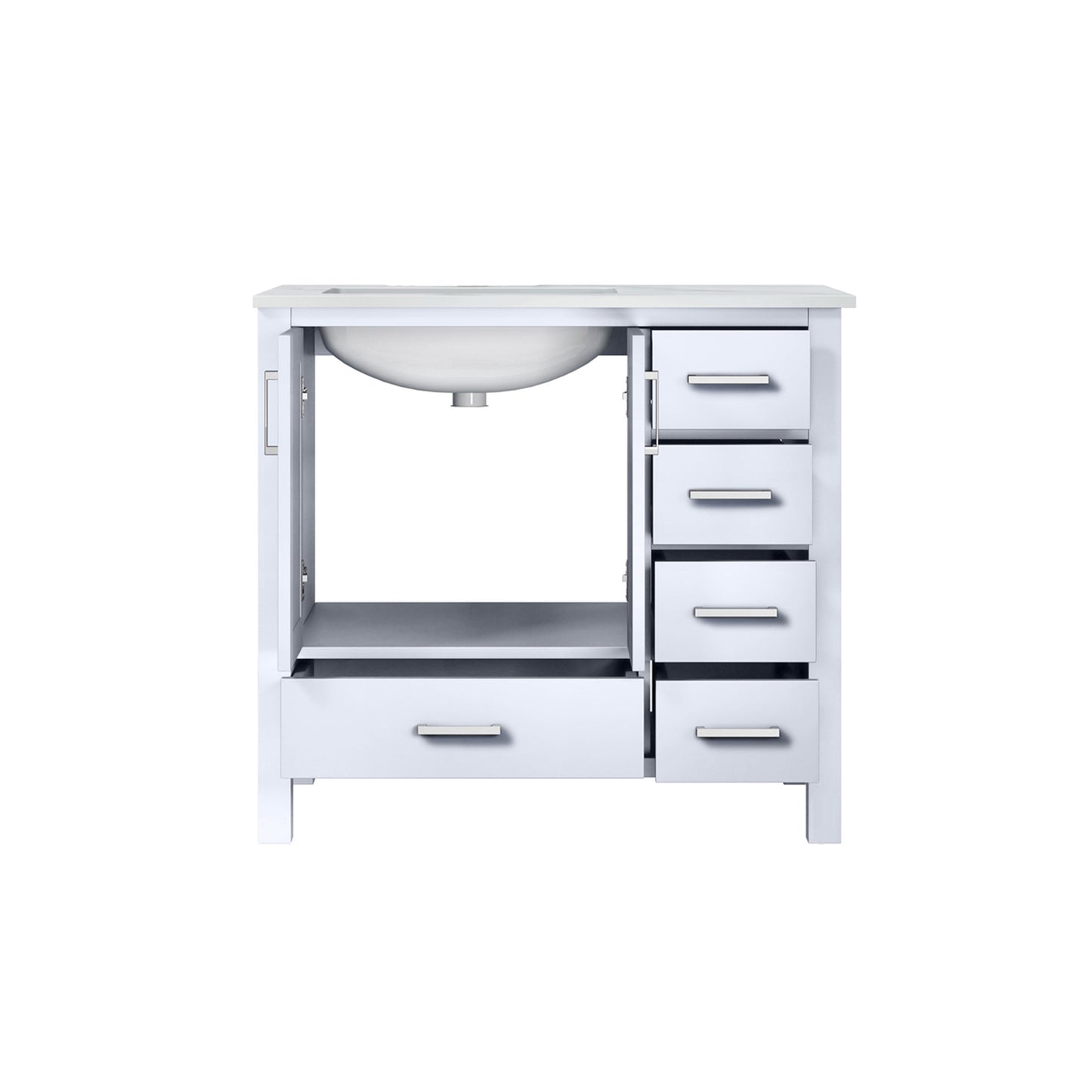 Jacques 36" White Single Vanity, White Carrara Marble Top, White Square Sink and no Mirror - Left Version