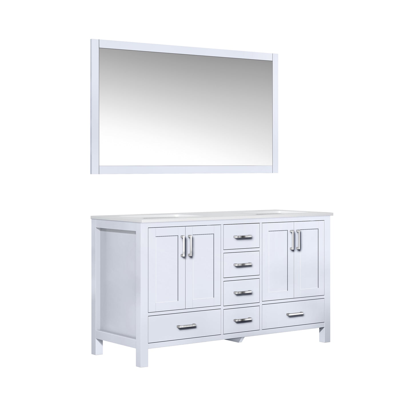 Jacques 60" White Double Vanity, White Quartz Top, White Square Sinks and 58" Mirror