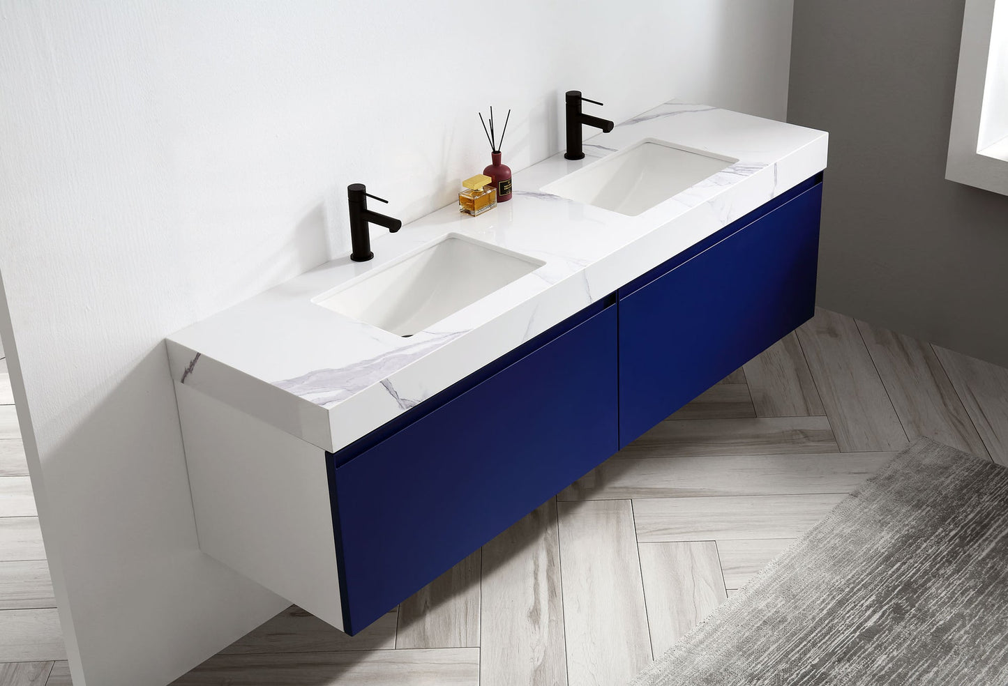 MANAROLA 72” NAVY BLUE WITH THICK QUARTZ WALL MOUNT MODERN BATHROOM VANITY