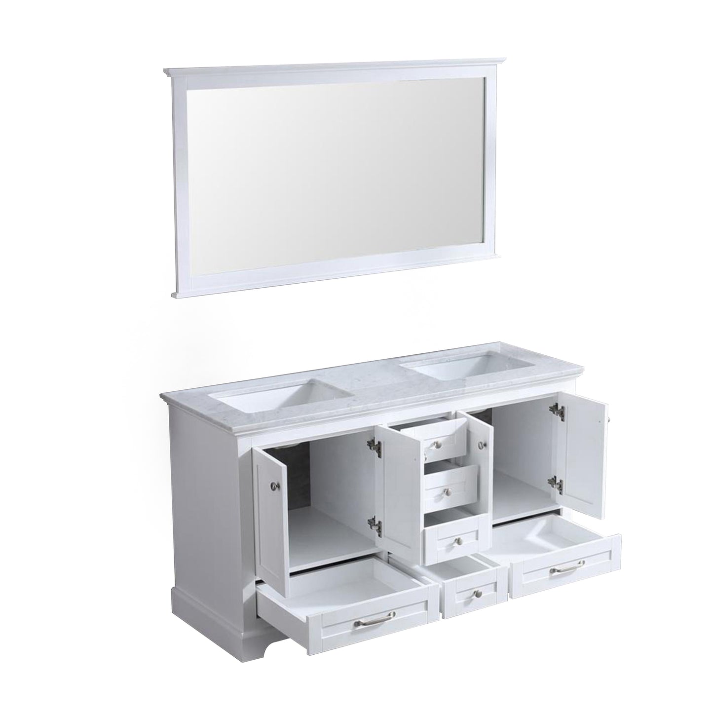 Dukes 60" White Double Vanity, White Carrara Marble Top, White Square Sinks and 58" Mirror