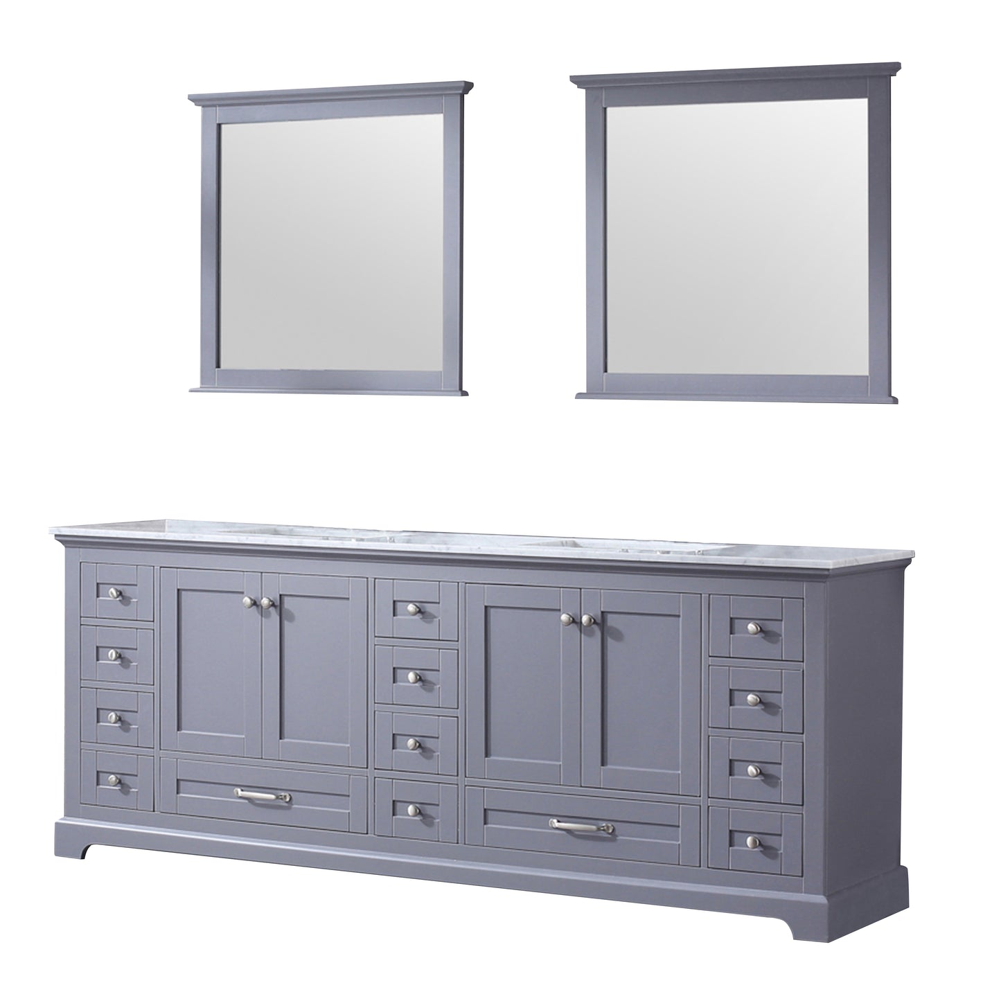 Dukes 84" Dark Grey Double Vanity, White Carrara Marble Top, White Square Sinks and 34" Mirrors