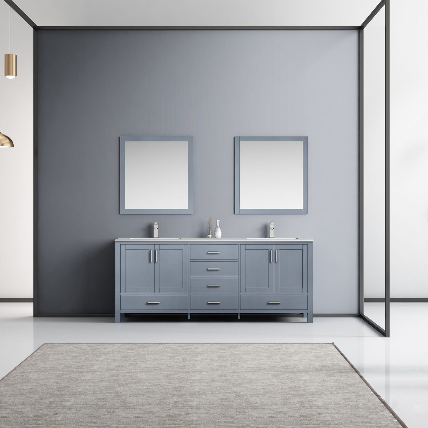 Jacques 80" Dark Grey Double Vanity, White Quartz Top, White Square Sinks and 30" Mirrors w/ Faucets