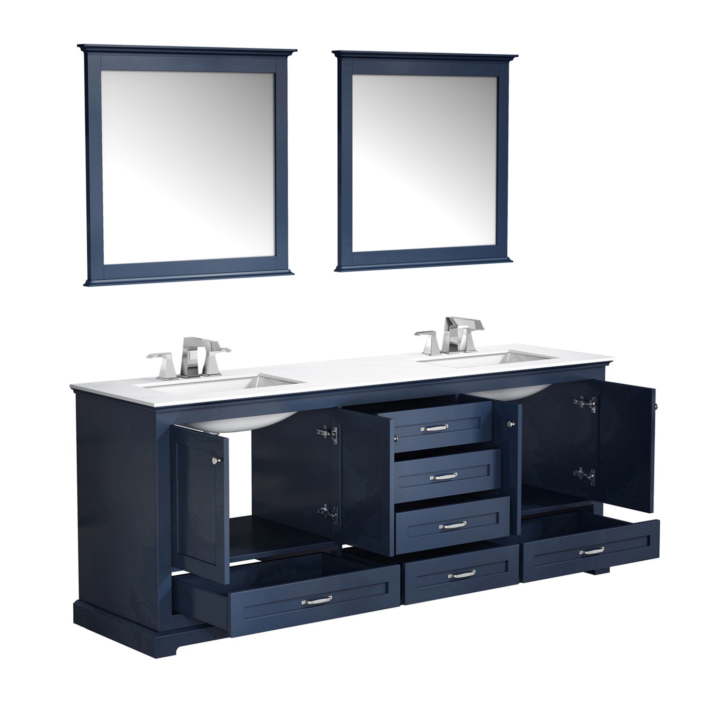 Dukes 80" Navy Blue Double Vanity, White Quartz Top, White Square Sinks and 30" Mirrors