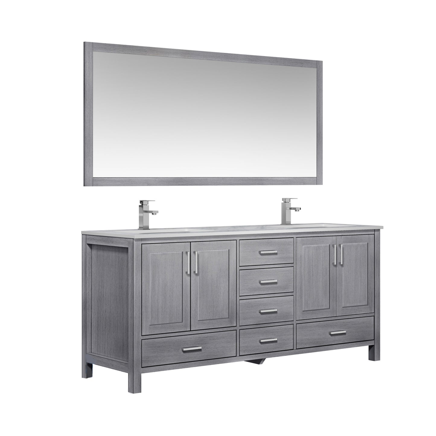 Jacques 72" Distressed Grey Double Vanity, White Carrara Marble Top, White Square Sinks and 70" Mirror w/ Faucets