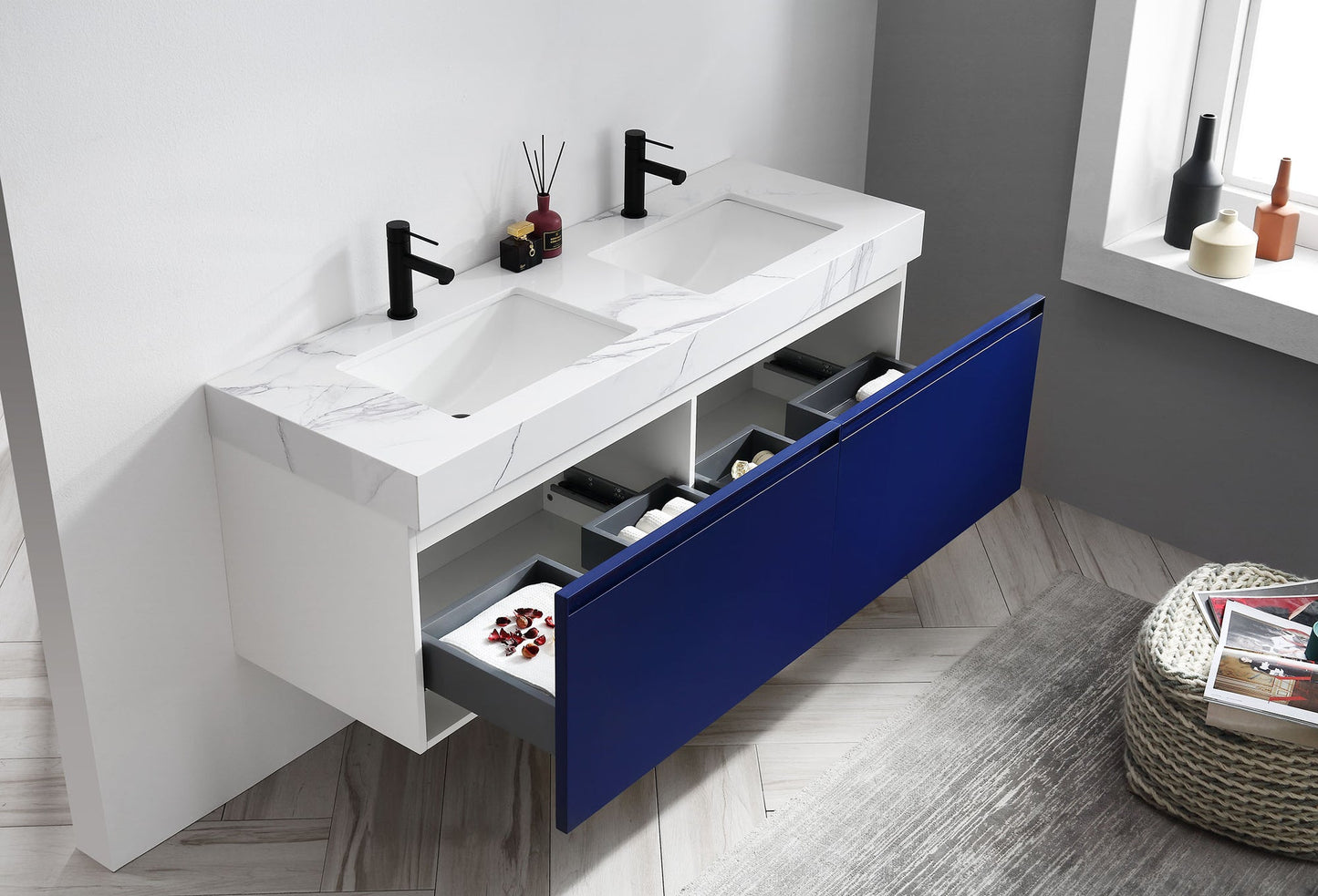MANAROLA 60” NAVY BLUE WITH THICK QUARTZ WALL MOUNT MODERN BATHROOM VANITY