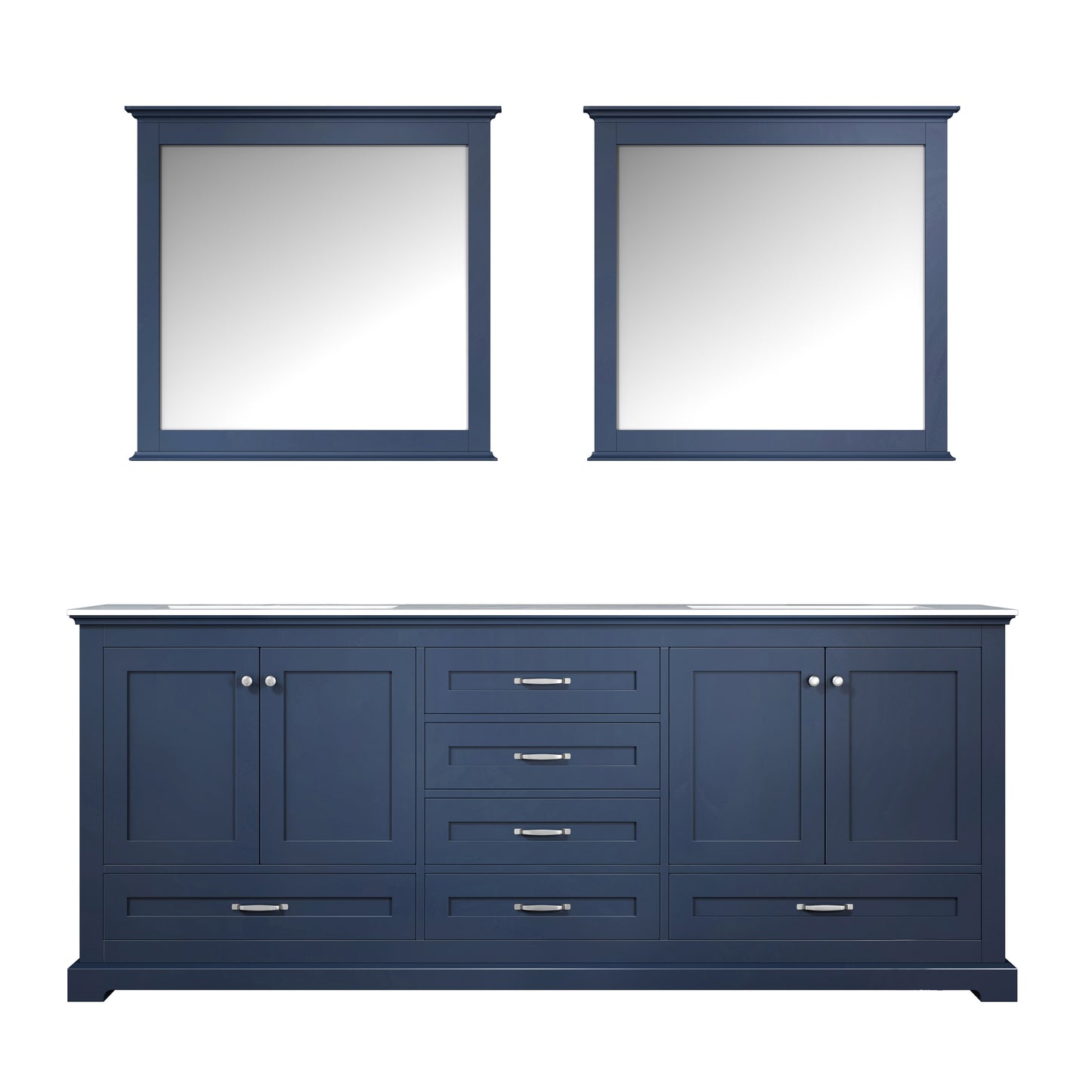 Dukes 80" Navy Blue Double Vanity, White Carrara Marble Top, White Square Sinks and 30" Mirrors