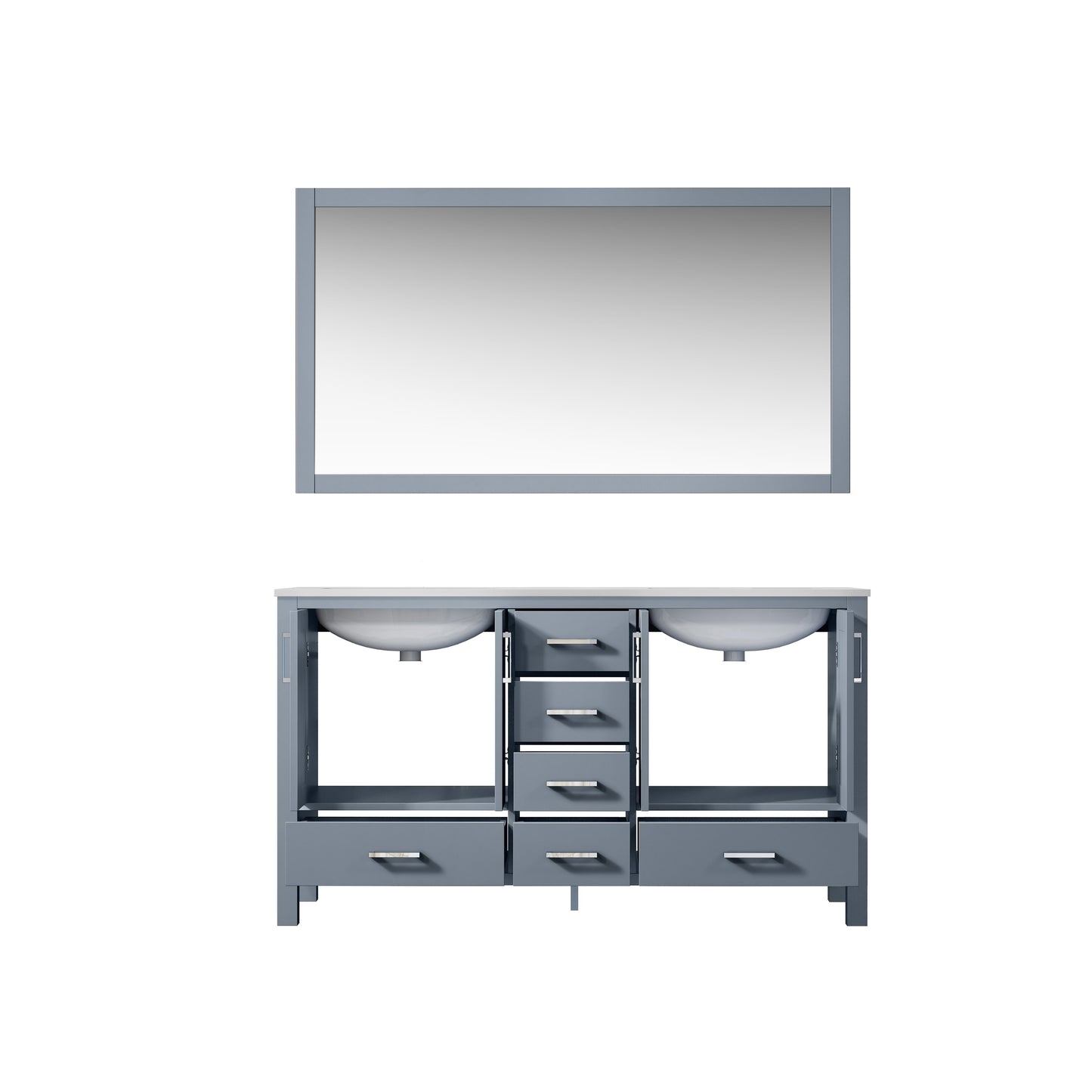 Jacques 60" Dark Grey Double Vanity, White Quartz Top, White Square Sinks and 58" Mirror