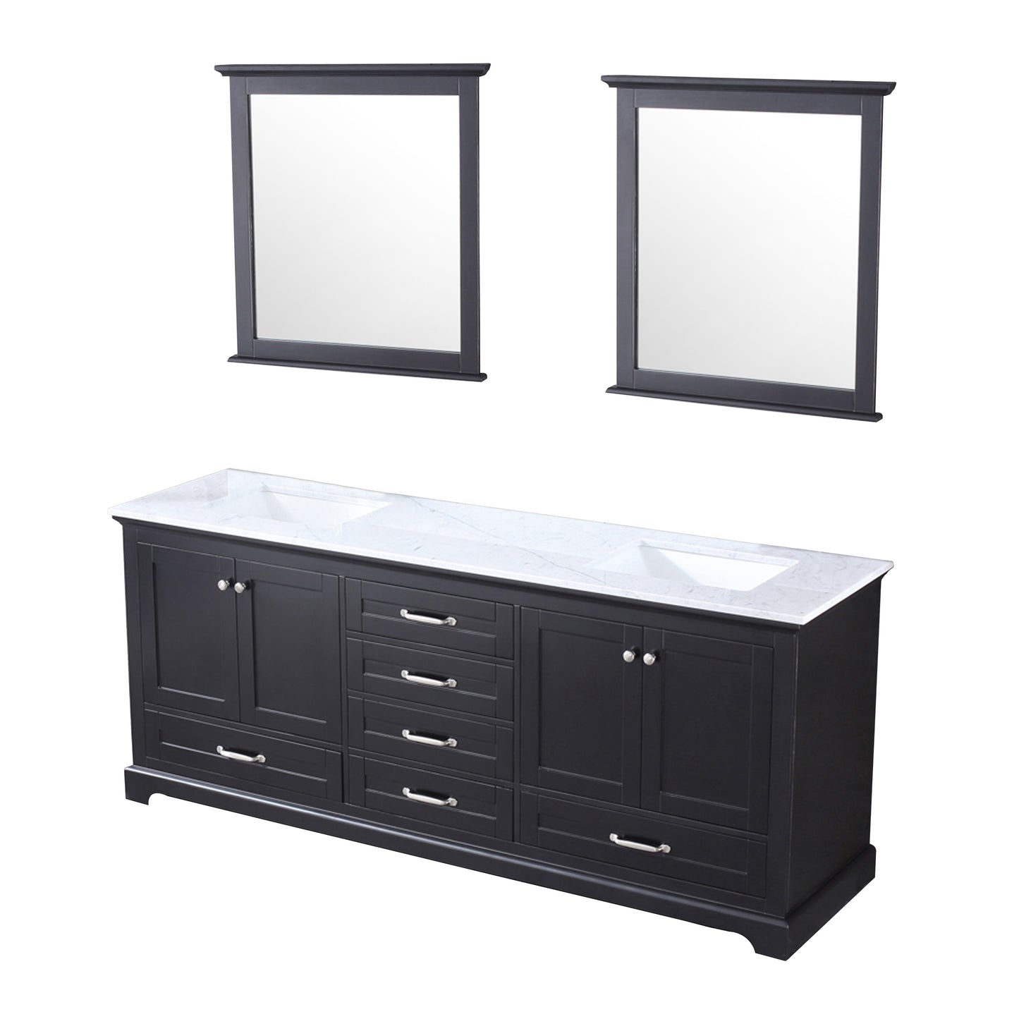 Dukes 80" Espresso Double Vanity, White Carrara Marble Top, White Square Sinks and 30" Mirrors