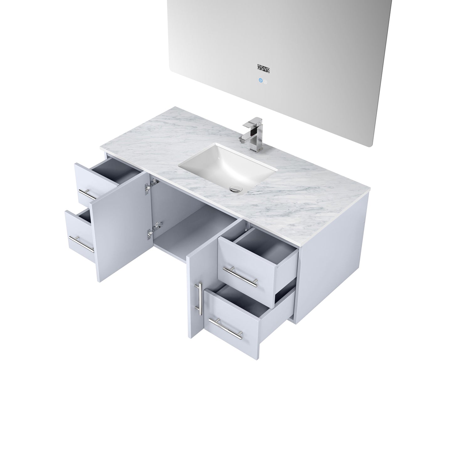 Geneva 48" Glossy White Single Vanity, White Carrara Marble Top, White Square Sink and 48" LED Mirror w/ Faucet