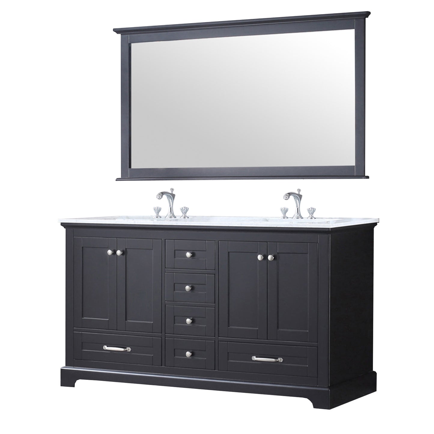 Dukes 60" Espresso Double Vanity, White Carrara Marble Top, White Square Sinks and 58" Mirror w/ Faucets