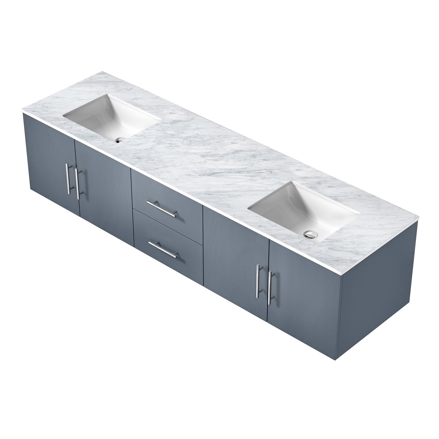 Geneva 80" Dark Grey Double Vanity, White Carrara Marble Top, White Square Sinks and no Mirror