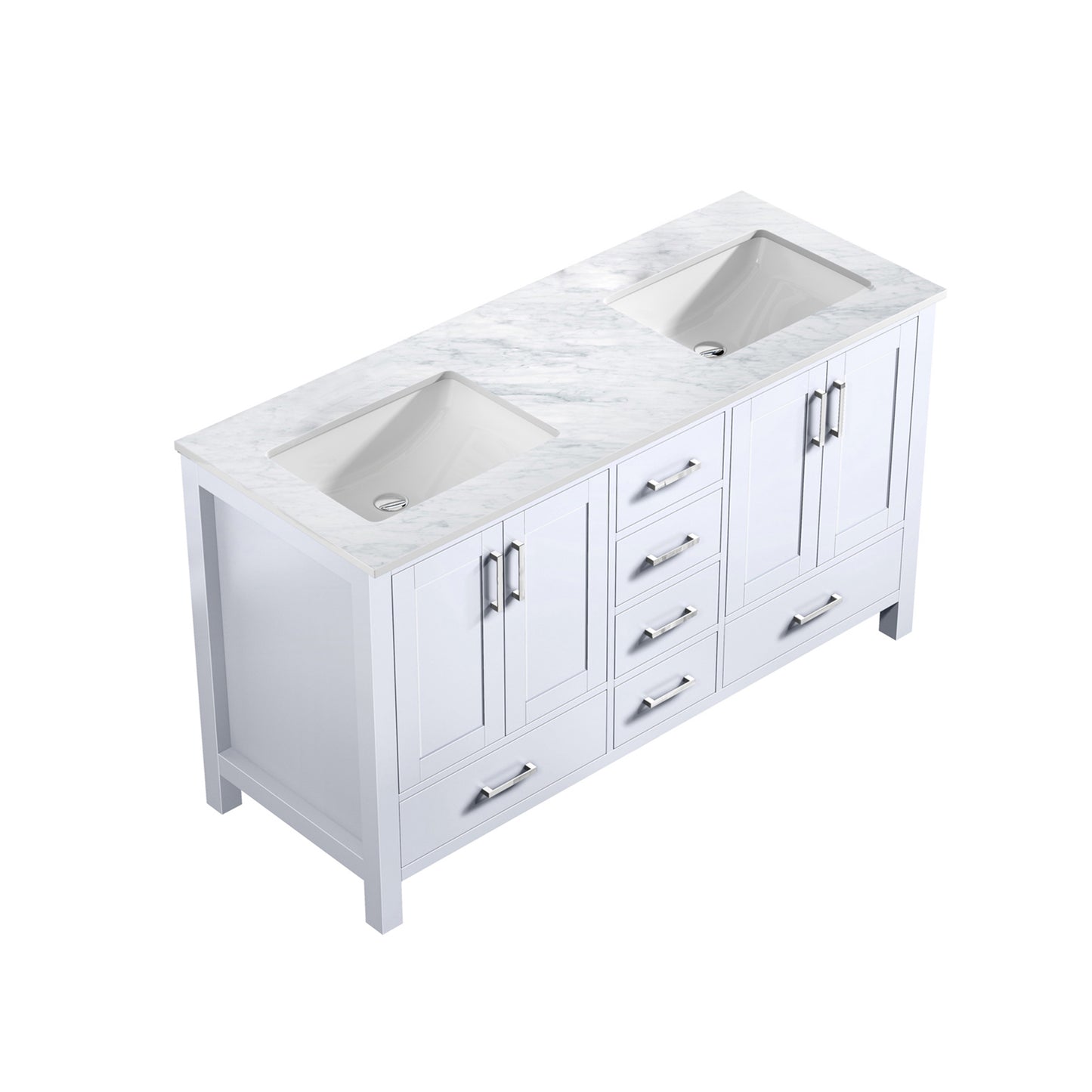 Jacques 60" White Double Vanity, White Carrara Marble Top, White Square Sinks and no Mirror