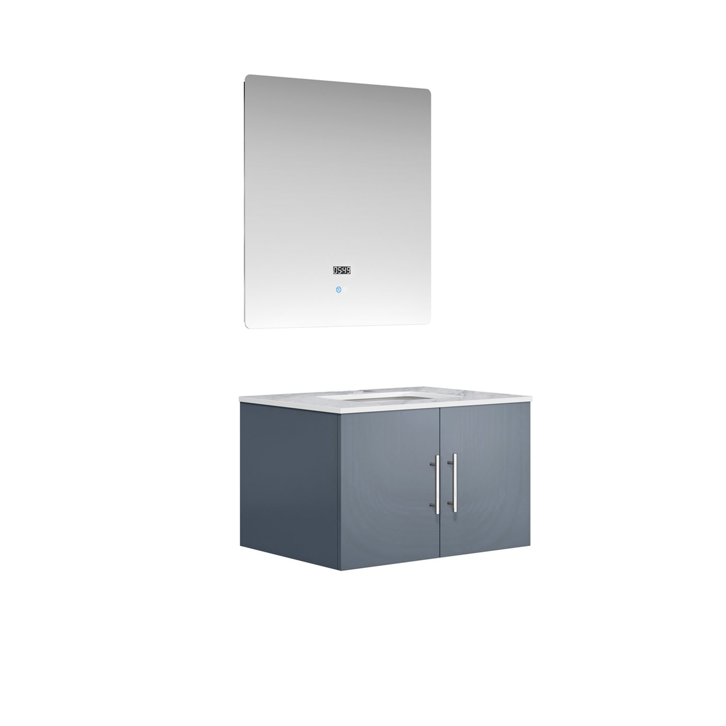 Geneva 30" Dark Grey Single Vanity, White Carrara Marble Top, White Square Sink and 30" LED Mirror